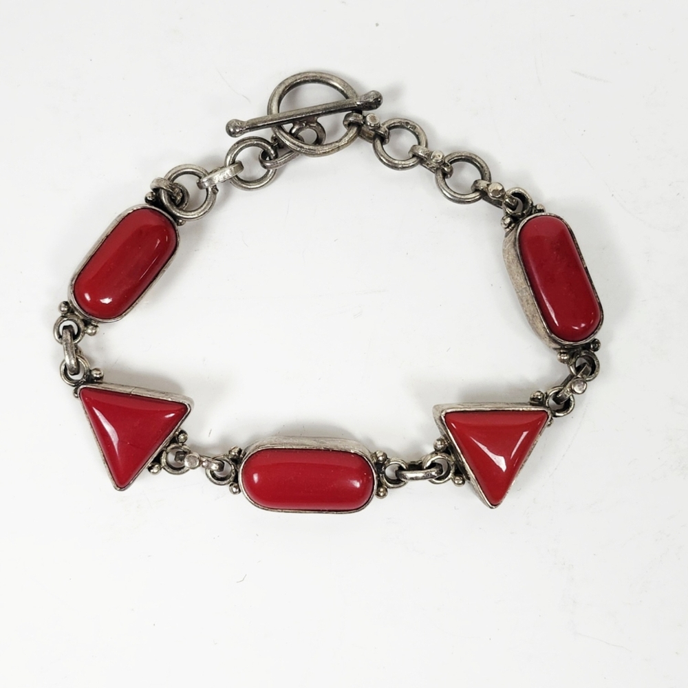 Vintage Sterling Silver 925 Red Coral  Links Toggle bracelet